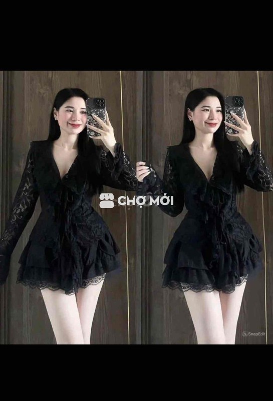 Set cả bộ váy thiết kế hoạ tiết hoa len ren cổ V