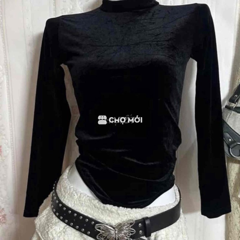 Áo thun dài tay Nữ Vải nhung Cổ lọ