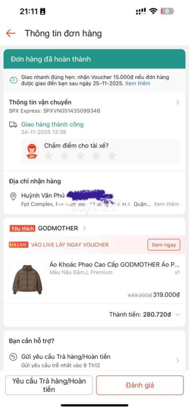 pass Áo khoác phao GODMOTHER Nâu size L mới mua
