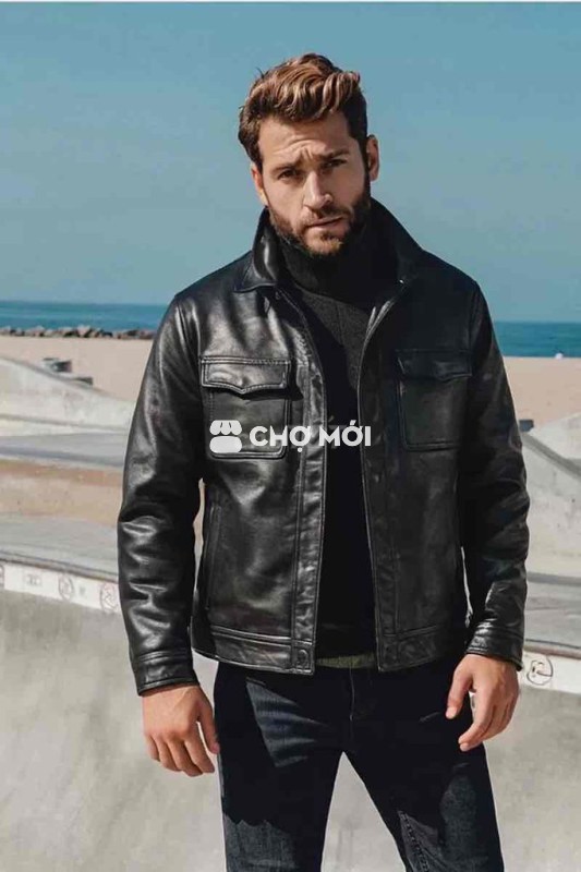 Áo khoác da bò cổ bẻ túi hộp