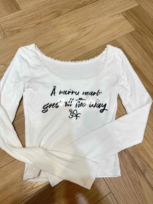 Áo thun dài tay Nữ vải gân Trắng