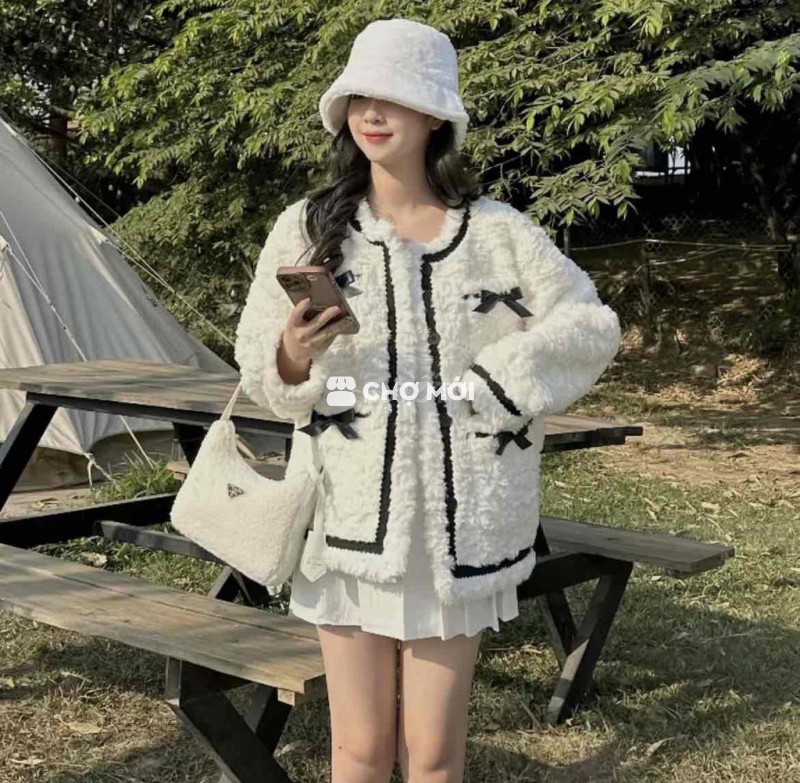 Áo khoác nữ lông phối nơ