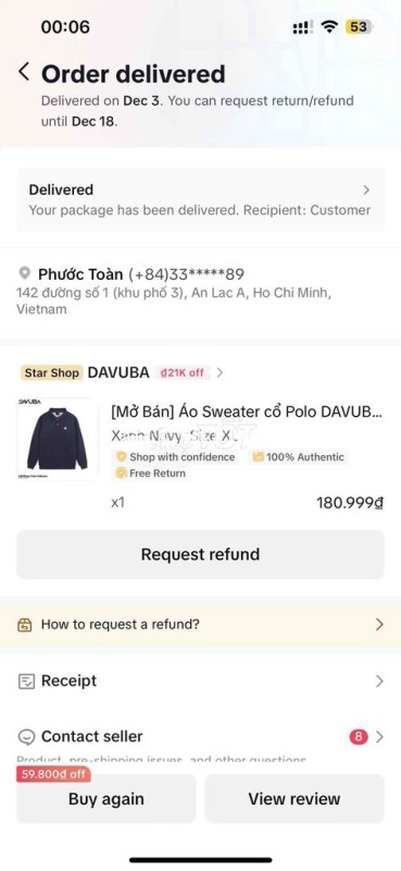 Áo sweater DAVUBA nam nỉ Xanh navy size XL
