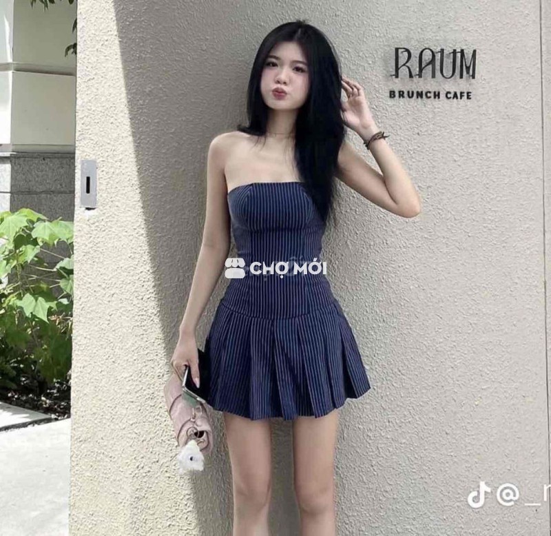Đầm khaki thun xếp ly sọc bo chun lưng