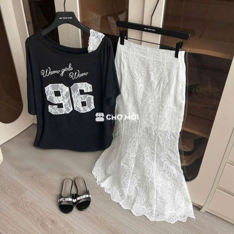 Bộ quần áo nữ Ren Cotton Đen Trắng