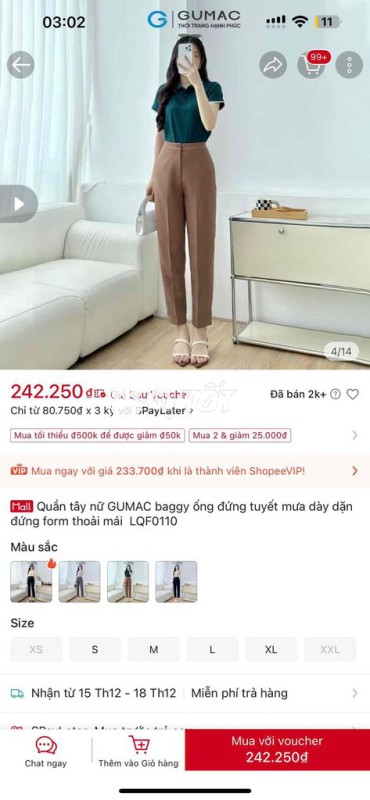 Quần tây baggy GUMAC Nữ size L