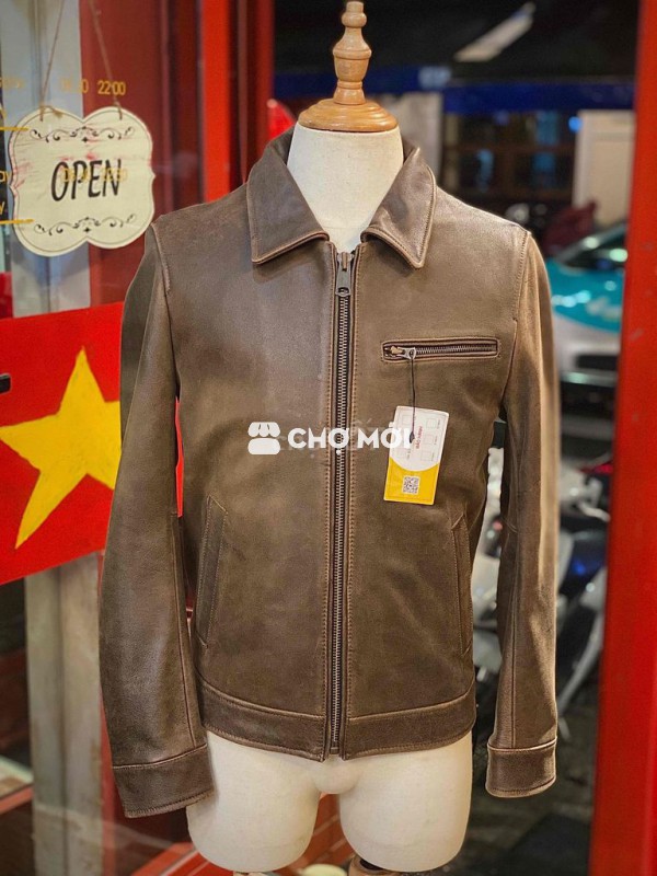 Áo da bò sáp cổ bẻ phong cách cổ điển, sang trọng