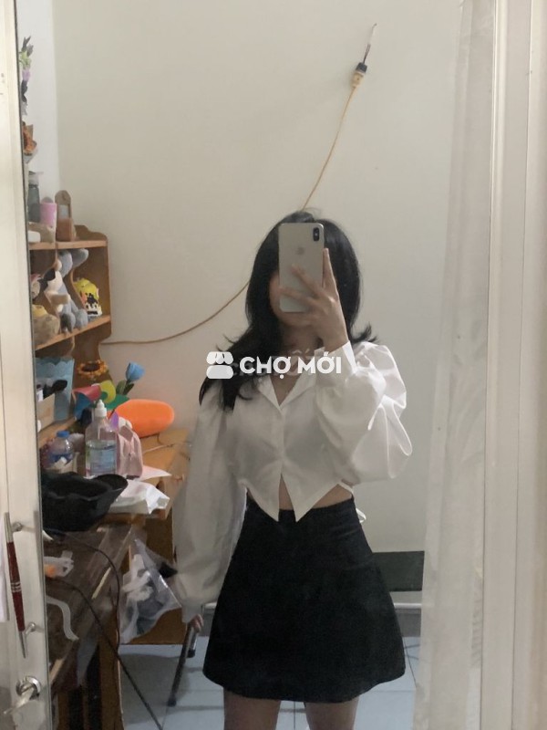 Áo sơ mi croptop nữ trắng tay dài thắt eo