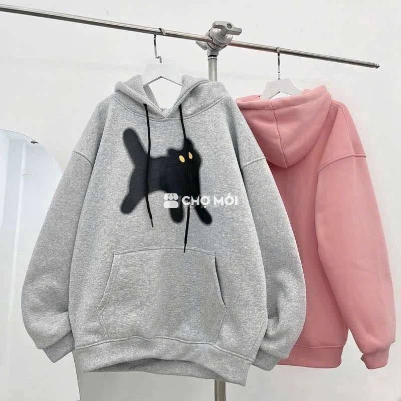 Áo hoodie unisex vải nỉ in nổi mèo