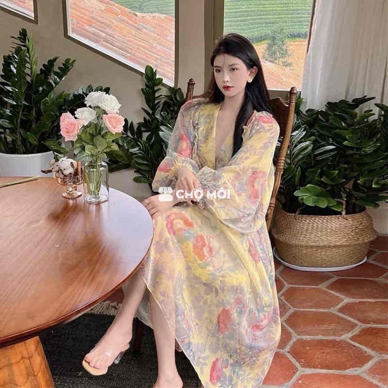 Đầm maxi Nữ Voan Vàng họa tiết