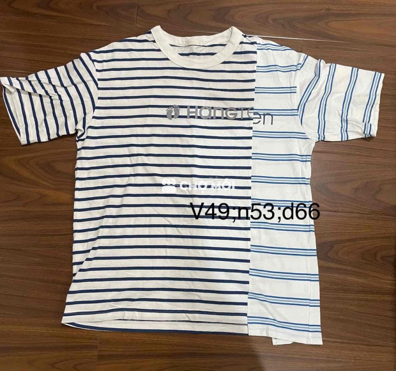 Áo thun Gu Cotton Trắng sọc xanh size L