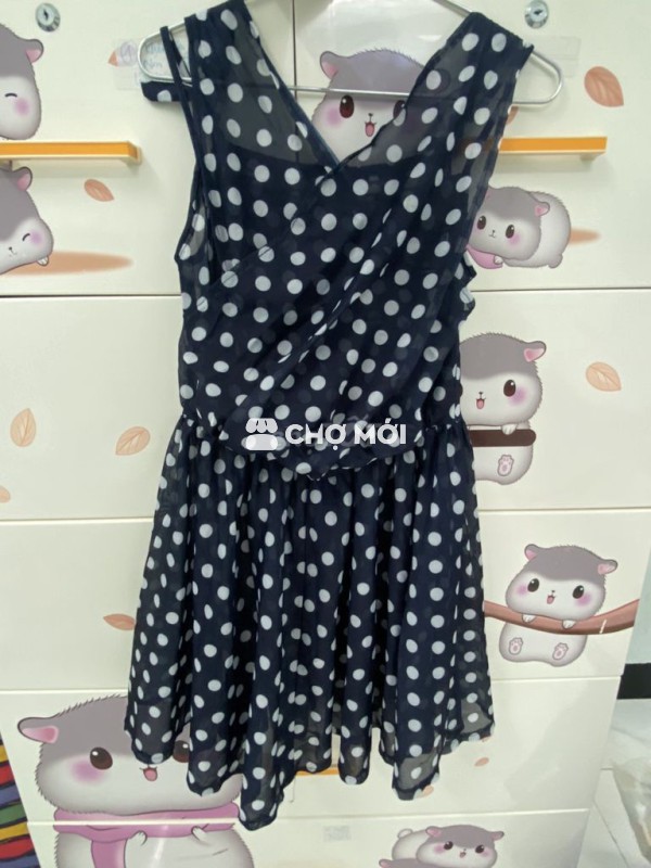 Đầm 2 dây Nữ Đen chấm bi trắng Freesize