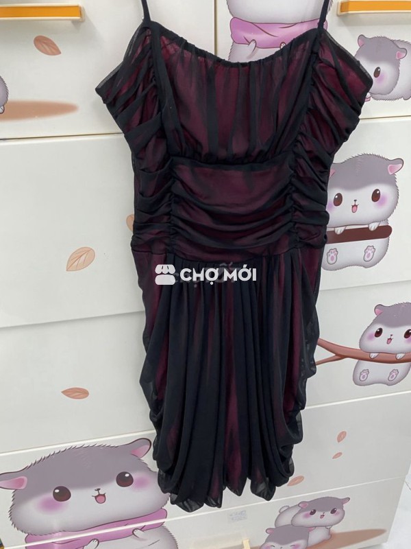 Đầm nhún 2 dây nữ Freesize Đen Đỏ đô