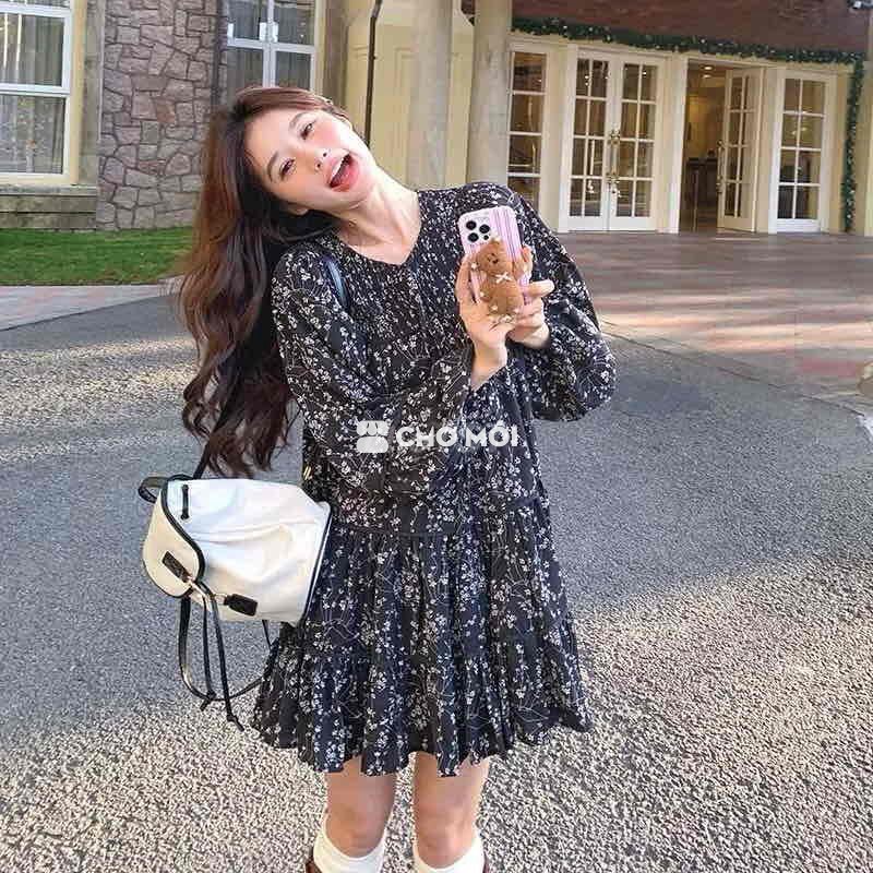 Đầm babydoll nữ Đen Hoa nhí Dài tay