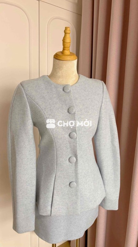 Bộ Áo Chân Váy Nữ Vải Dạ Xanh Pastel