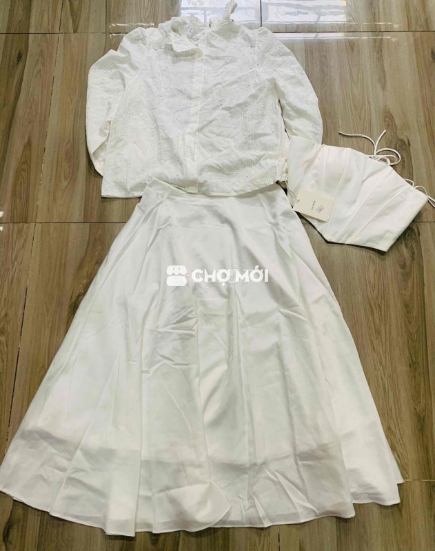 Set áo váy nữ lụa dáng dài Trắng