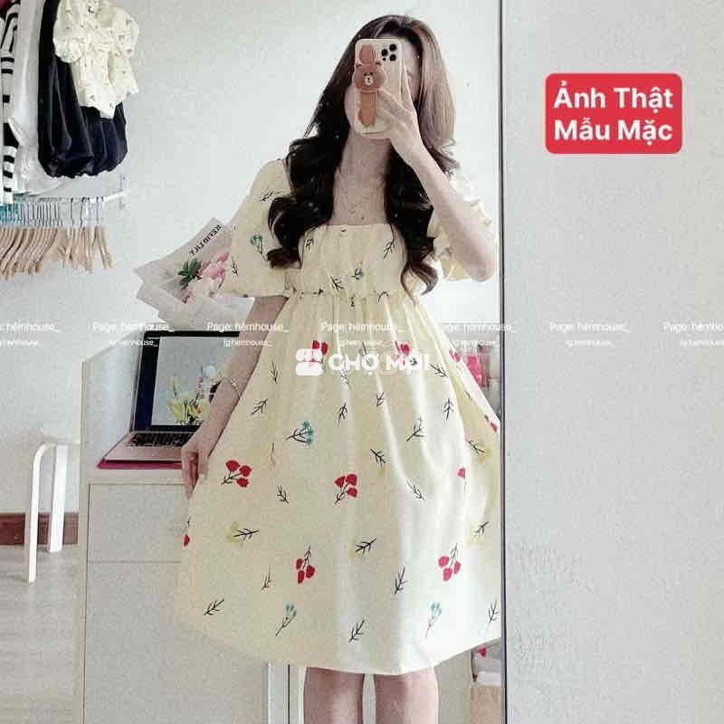 Đầm babydoll thêu hoa lụa Hàn dày dặn freesize 99%
