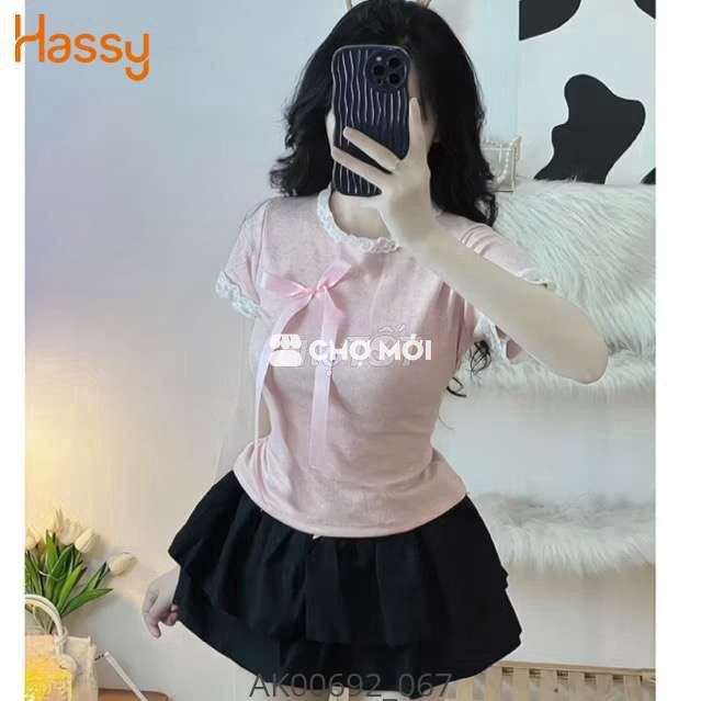 Áo thun nữ tay ngắn viền ren đính nơ