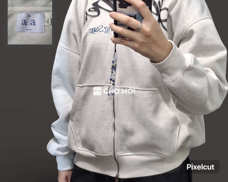 Áo khoác nỉ trắng unisex, 

form boxy 2 khóa kéo