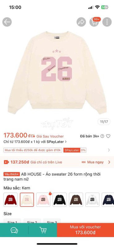 Áo sweater AB HOUSE cotton kem Size 1