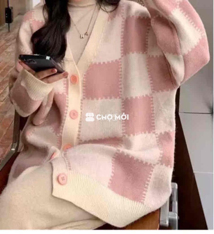 Áo khoác cardigan Nữ Len Hồng trắng
