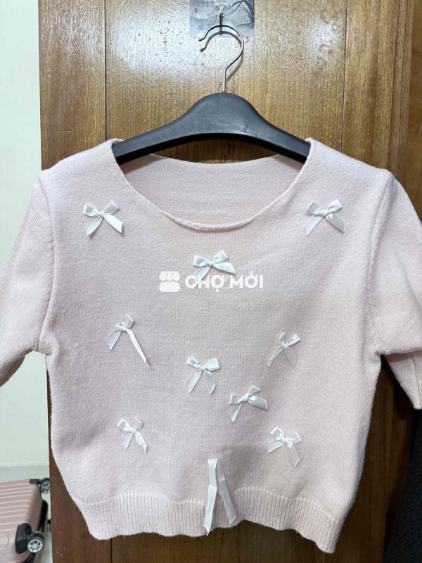 Áo croptop nữ len hồng nơ