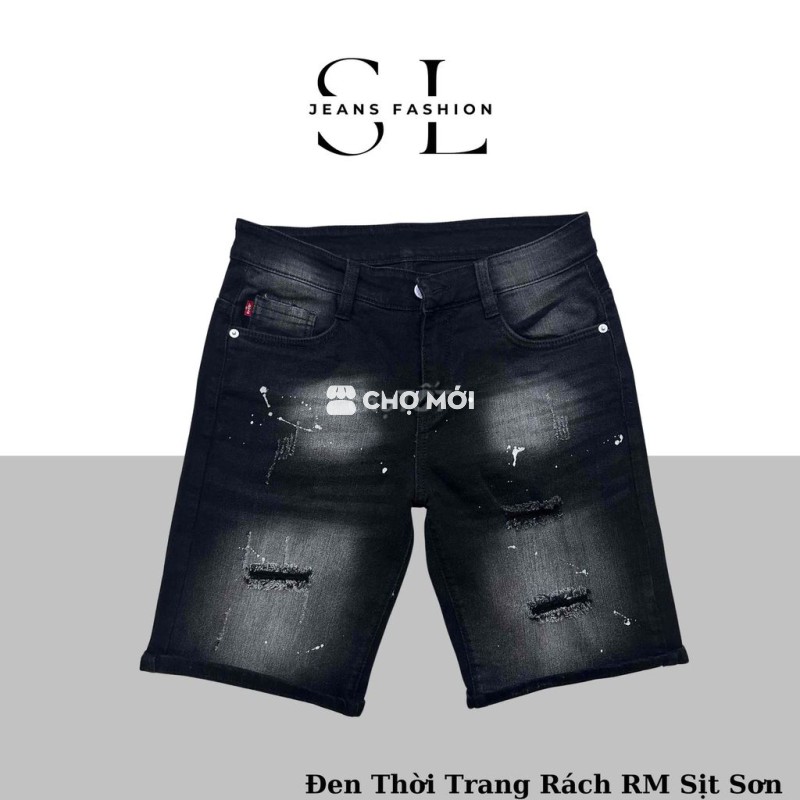 Quần sọt jeans nam SL đen khói rách vảy sơn