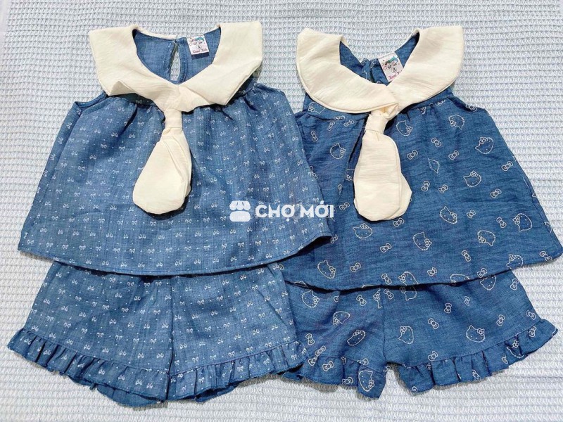 Bộ sát nách jean lụa bé gái dáng babydoll