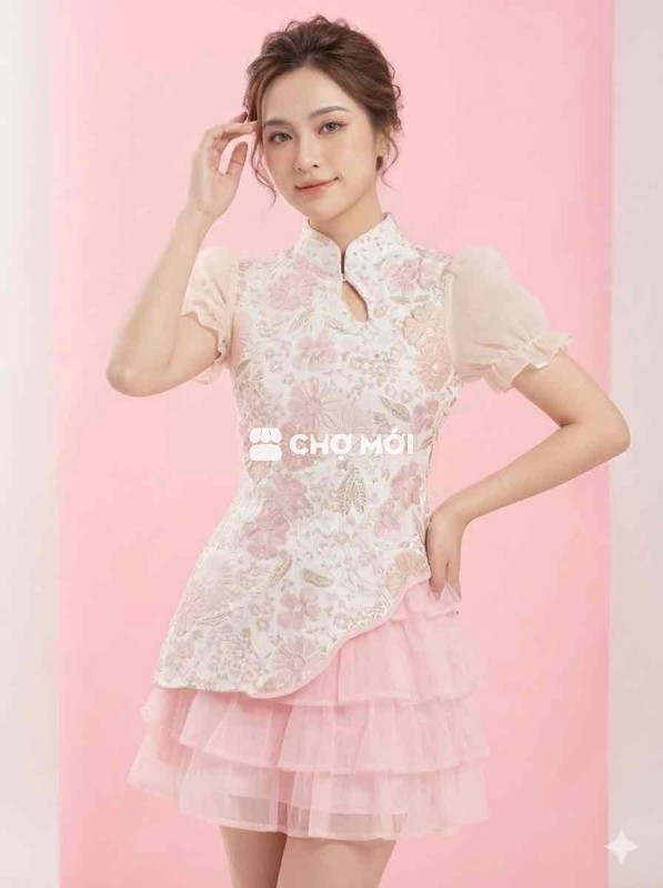 Set váy áo hồng dệt hoa văn mặc Tết