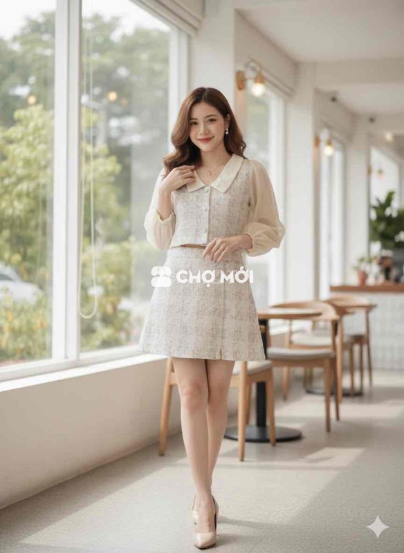 Set váy áo dạ tweed màu kem tiểu thư
