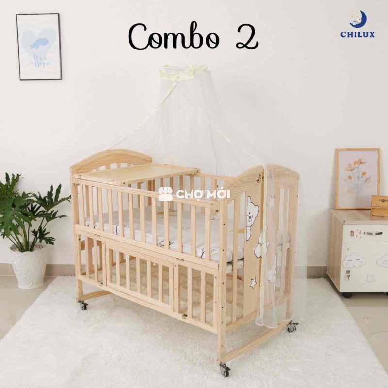 Cũi Chilux + Nệm xơ dừa + 2 ga giường + phụ kiên