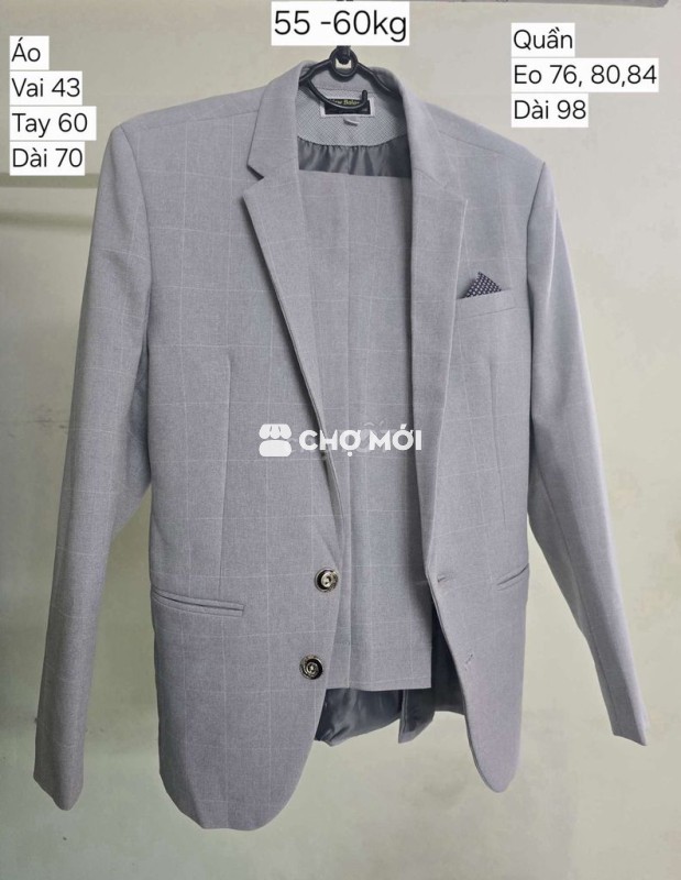 Bộ vest nam kẻ caro Xám, size S