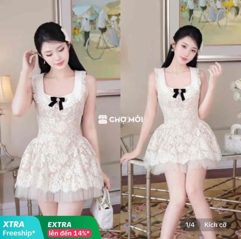 Đầm ren ngắn xoè bèo cổ vuông 4lớp kèm tag nơ