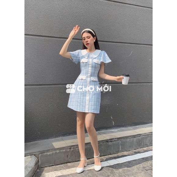 Đầm nữ dạ tweed xanh sọc