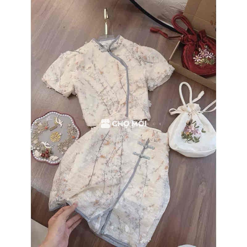 Set sườn xám nữ hoa vân nổi