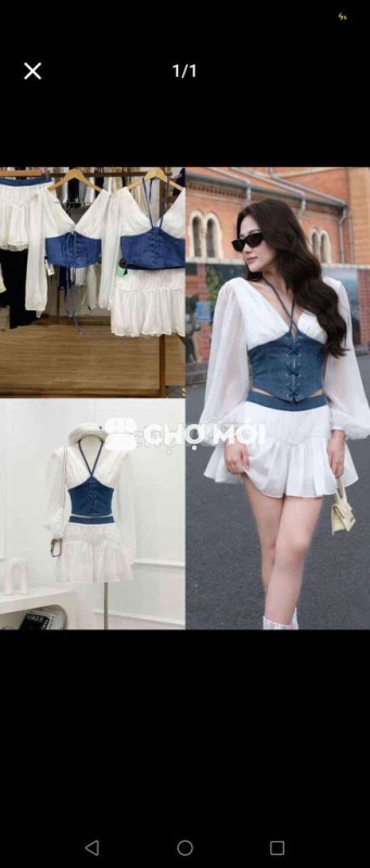 Set đồ nữ Trắng Xanh denim Mới 99%