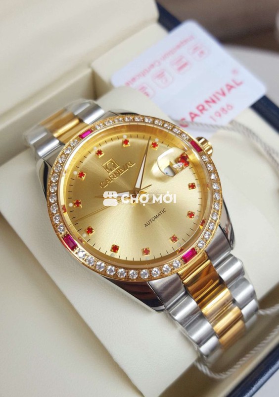 Đồng Hồ Cơ Đính Đá Ruby Đỏ Dây Thép Đúc Cực Sang