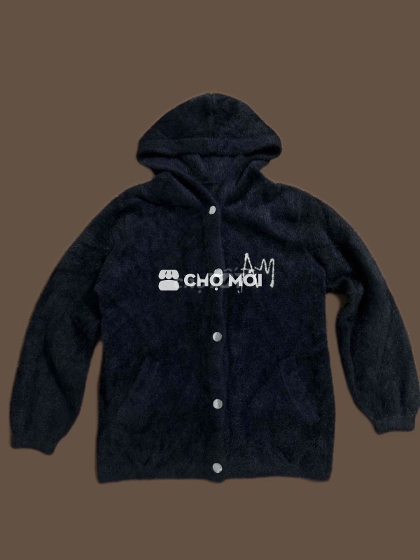 Áo khoác lông mềm đen có mũ brand unisex
