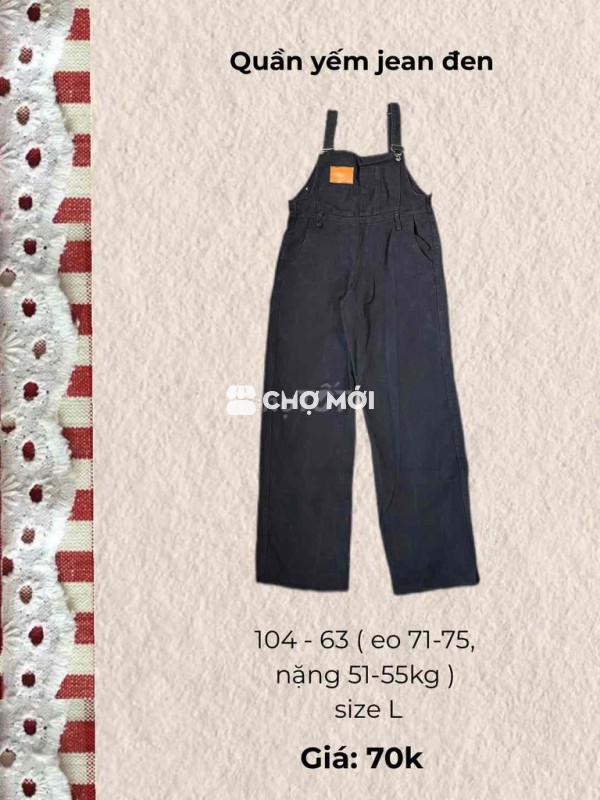 Quần yếm jeans dáng dài ống rộng màu đen