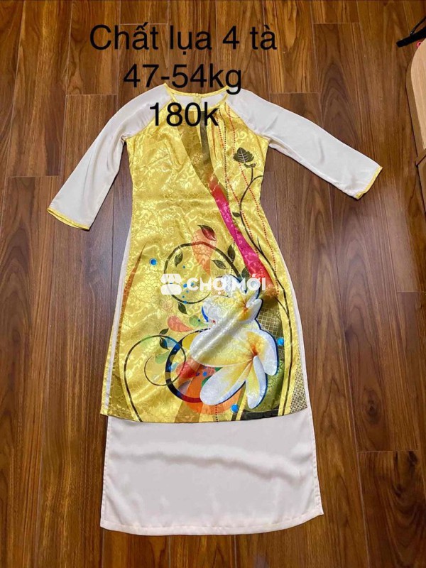 Áo dài nữ lụa vàng trắng