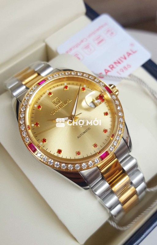 Đồng Hồ Cơ Carnival Mặt Vàng Gold Đính Đá Ruby
