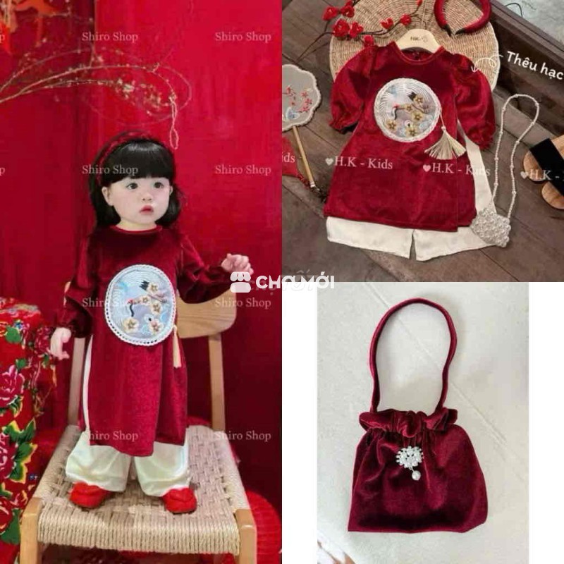 Áo dài Nhung Đỏ 73cm cho bé gái