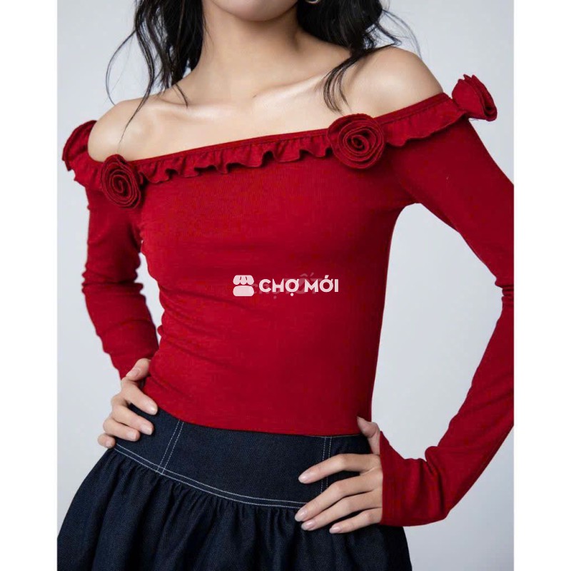 PASS - Áo dài tay ngang vai phối hoa hồng đỏ