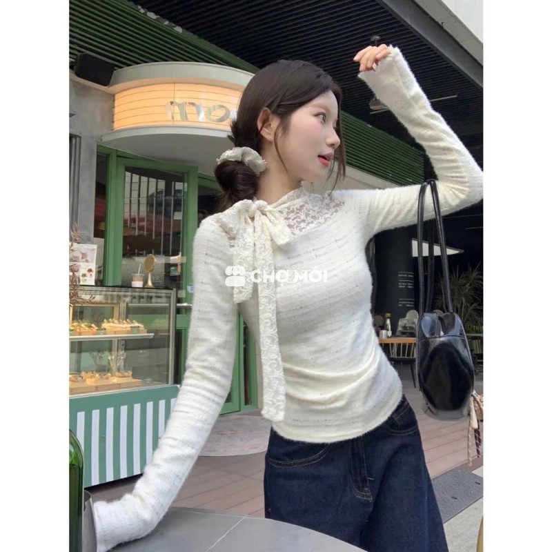 PASS - Áo len nữ thắt nơ cổ trắng kem (New)