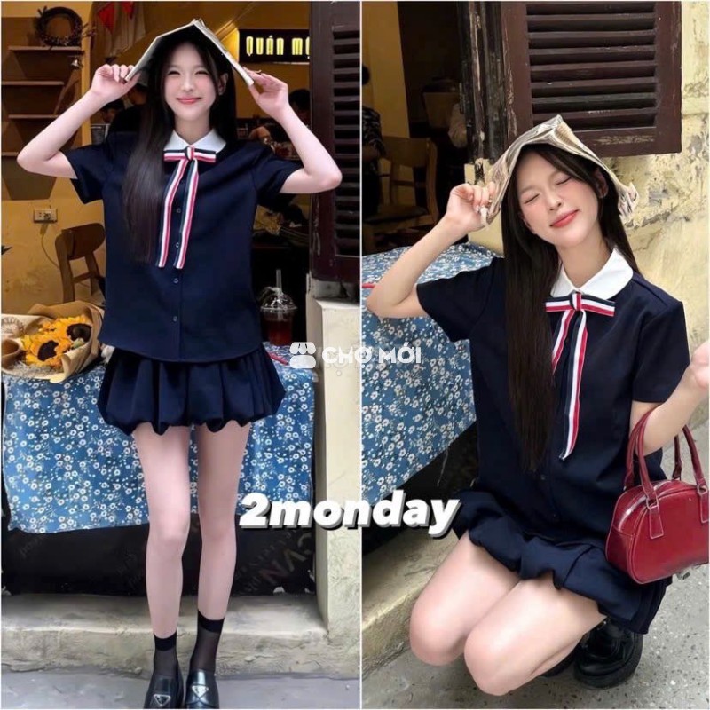 PASS - Set váy áo sơ mi nữ Xanh navy