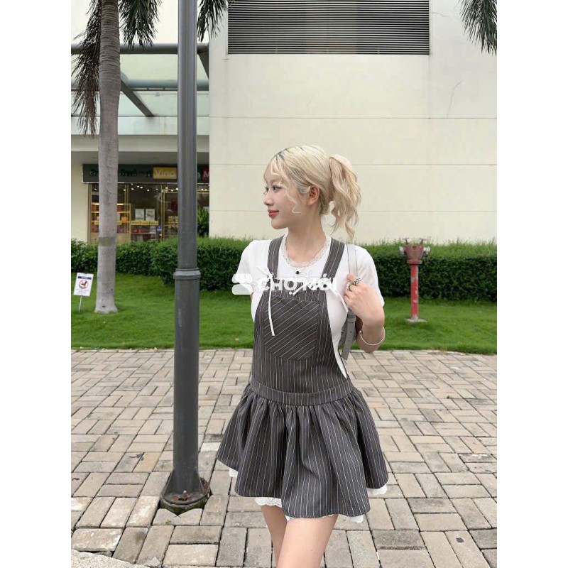 PASS - Set váy yếm nữ + áo thun trắng trơn (New)