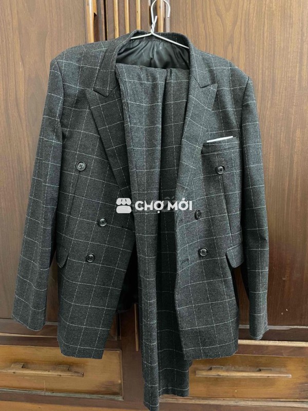 Bộ vest Nam Vải Xám kẻ