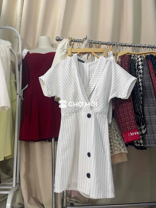 Đầm Nữ Trắng sọc Tay ngắn