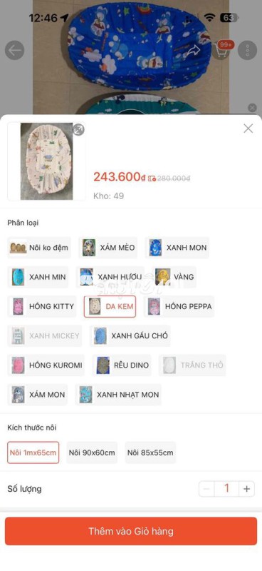 Nôi em bé Da kem 1m x 65cm