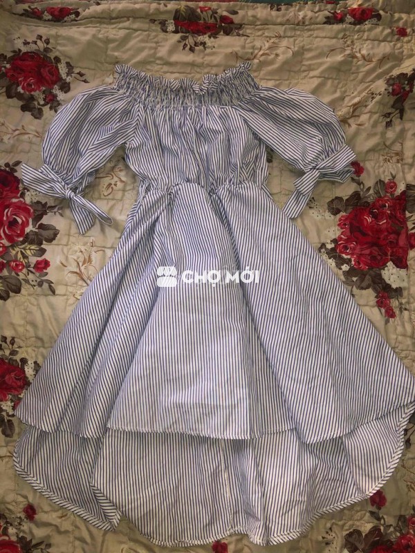 Đầm trễ vai Nữ Sọc trắng xanh